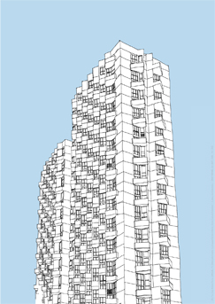 N° 5 : 20e TOUR SUD de Antoine Ronco, 2009. Cette édition représente l'Eperon, immeuble du quartier Colombier à Rennes. C'est un fragment dessiné du travail d'observation mené par Antoine Ronco au 20e étage de la tour sud de l'Eperon.PHAKT - Centre Culturel Colombier - RENNES (35)