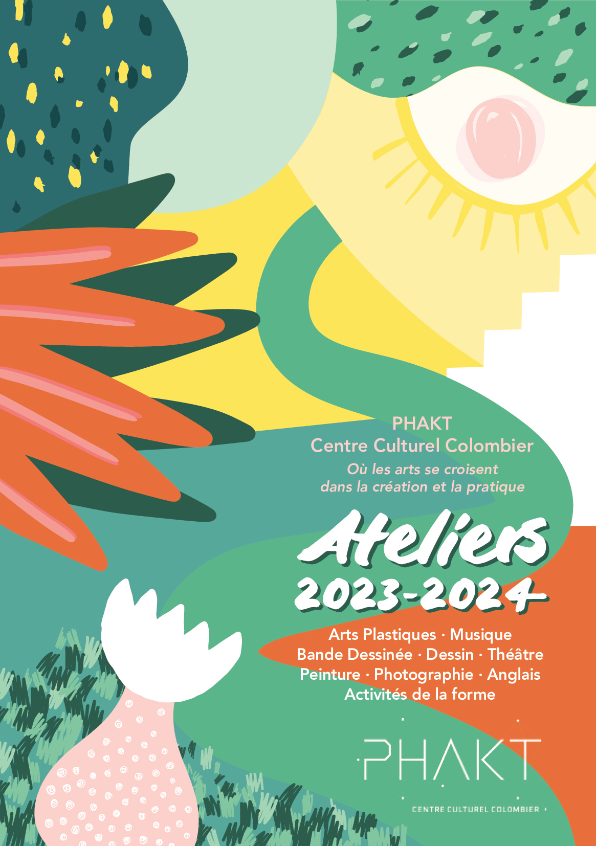 Visuel de la brochure des ateliers 2023-2024 au PHAKT Centre culturel Colombier à Rennes.